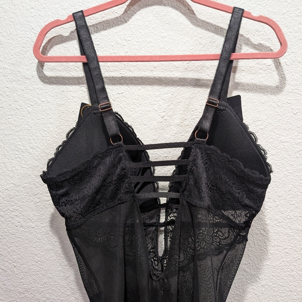 Rachel Roy Curvy Lace High Cut Teddy Bodysuit Black 1X NWT Sheer Lingerie - Picture 8 of 10